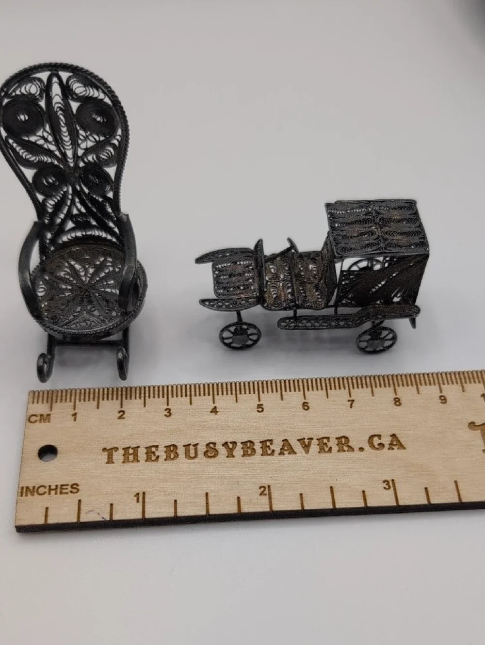 Vintage Sterling Silver 925 Filigree Car & Rocking Chair Mini Set - Picture 4 of 11